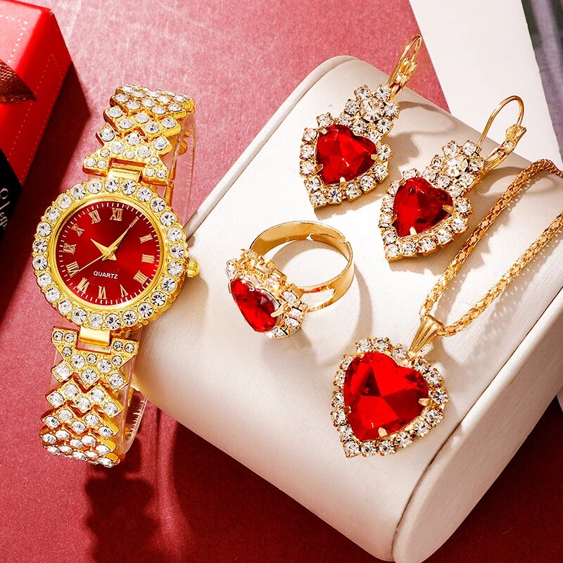 여성용 골든 럭셔리 시계 반지 목걸이 귀걸이 라인석 패 - Jewelry Watches Luxury 리뷰 및 가격