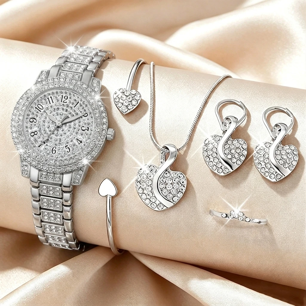 6종 패션 라인스톤 여성 시계 하트 쥬얼리 세트 고급  - Jewelry Watches Luxury 리뷰 및 가격